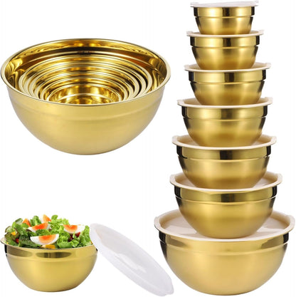 7 PCS Golden Mixing Bowls with Lids Set - Stainless Steel Salad Bowls with Airtight Lids, Mirror Finish Nested Mixing Bowl, 7 Sizes from 1.5 Qt to 6.9 Qt for Baking, Meal Prep, Food Serving1