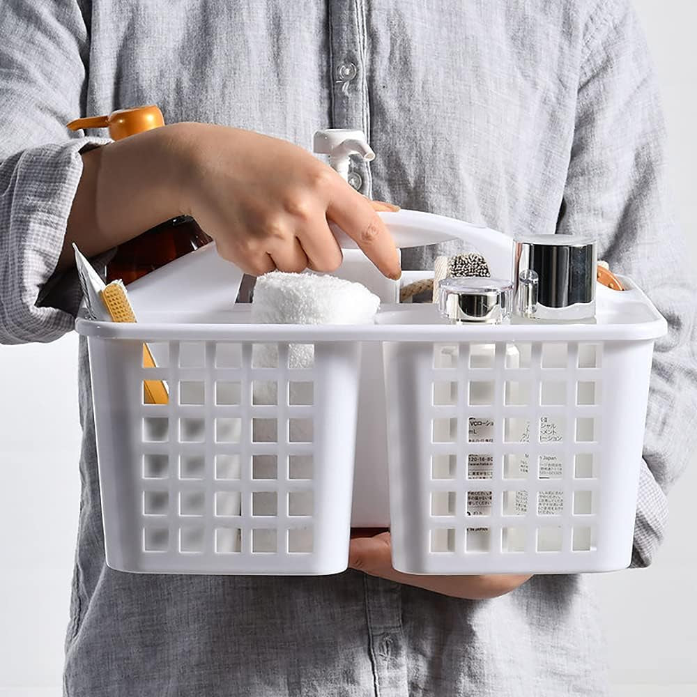 plastic-shower-caddy-basket-with-compartments-portable-divided-cleaning-supply-storage-organizer-with-handle-for-college-dorm-bathroom-white