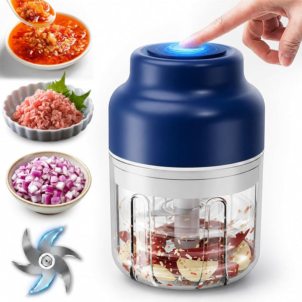 2026 Upgrade Electric Garlic Chopper Mini, 320 Ml Small Garlic Chopper Mincer with 6 Stainless Steel Blades, Portable Rechargeable Cordless Chopper for Onion,Chili,Ginger,Nuts,Meat & Fruits (Blue)1