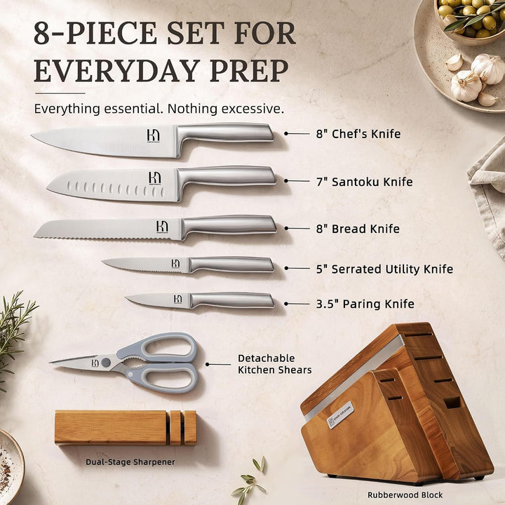 Kitchen Knife Set with Block and Detachable Sharpener | 8-Piece High Carbon Stainless Steel Knife Block Set, Fully Forged Blades & Compact Design+2
