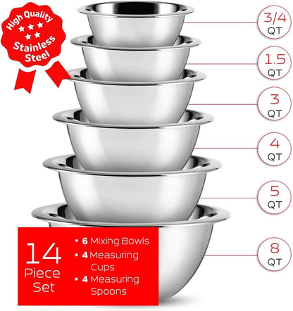Stainless Steel Mixing Bowls with Measuring Cups & Spoons Set of 14 - Dishwasher Safe Nesting Mixing Bowl Set for Cooking, Baking & Meal Prep Non-Slip Premium Bowls2