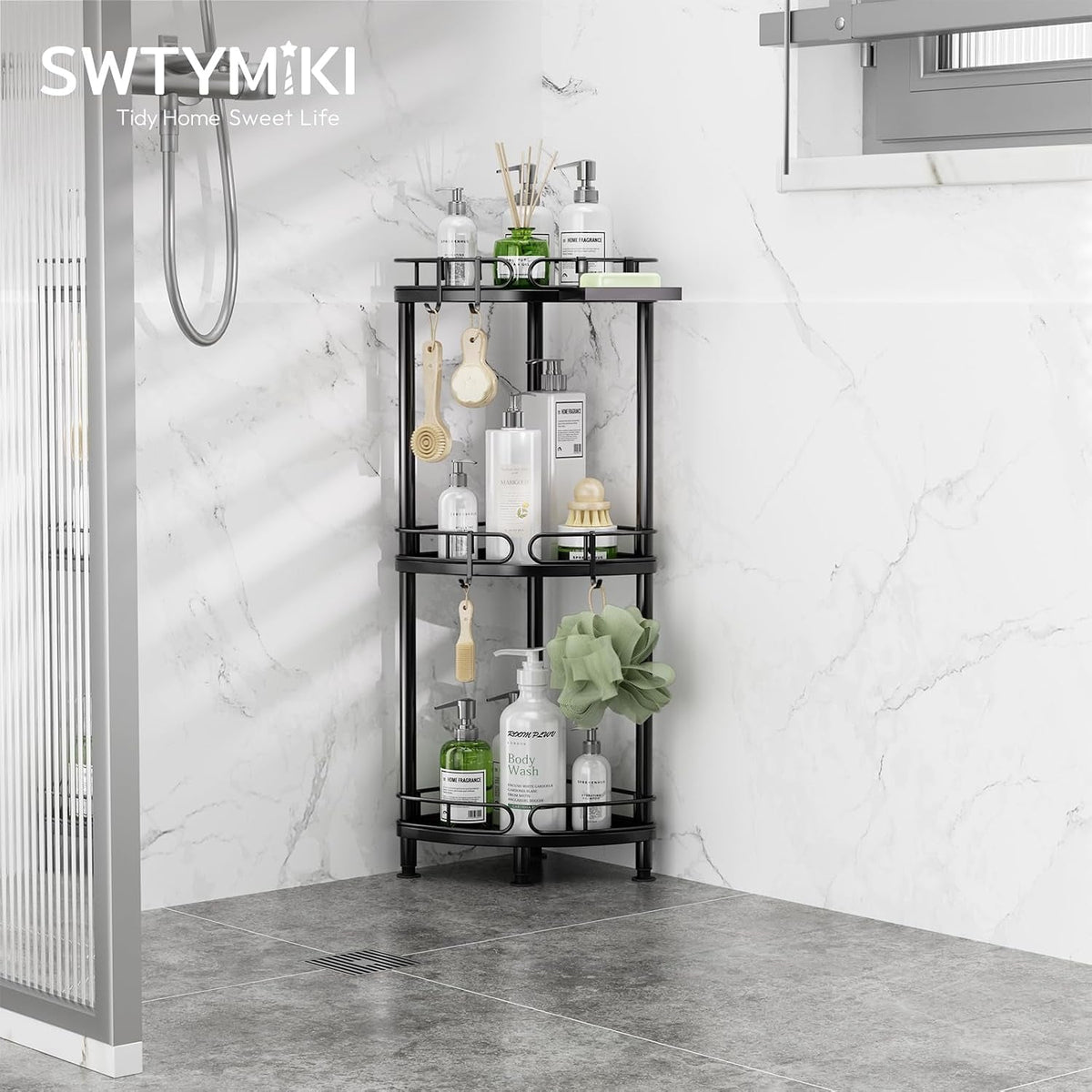corner-shower-caddy-standing-3-tier-rustproof-metal-shower-organizer-stand-with-soap-holder-and-4-hooks-freestanding-floor-shower-storage-stands-for-bathroom-black
