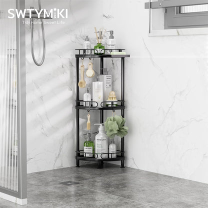 Corner Shower Caddy Standing - 3 Tier Rustproof Metal Shower Organizer Stand with Soap Holder and 4 Hooks, Freestanding Floor Shower Storage Stands for Bathroom, Black2