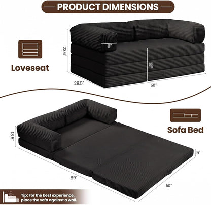 5-In-1 Convertible Sofa Bed,60" Boneless Couch with Pull Out Bed,Tri-Folding Corduroy Floor Mattress with Removable L-Shaped Armrests & Handle,Futon Sleeper for Small Spaces,Apartments & Bedrooms2