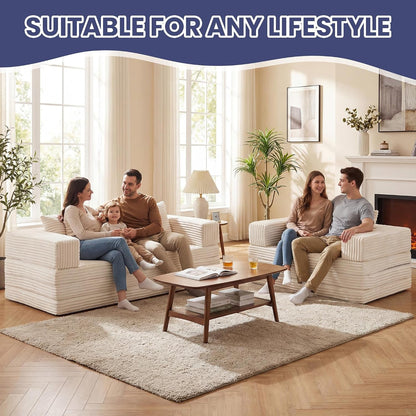 Convertible Sofa Bed, 4-In-1 Boneless Loveseat with Removable Armrests Backrest, Corduroy Futon Couch Bed with Pillow, Foldable Mattress Sleeper Sofa for Living Room Bedroom Small Place (Beige)2