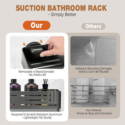 Suction Cup Shower Caddy, No Drill Shower Shelf, Aluminum Rust Proof Bathroom Shower Organizer with 12 Hooks (2-Pack, Gunmetal Gray)9