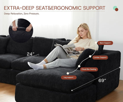 110'' Oversized Boneless Cloud Couch for Living Room, Modern Big Sectional Compressed L Shape Couch with Ottoman, Comfy Chenille Deep Seat Memory Foam Spineless 4 Seater Sofa, Black5