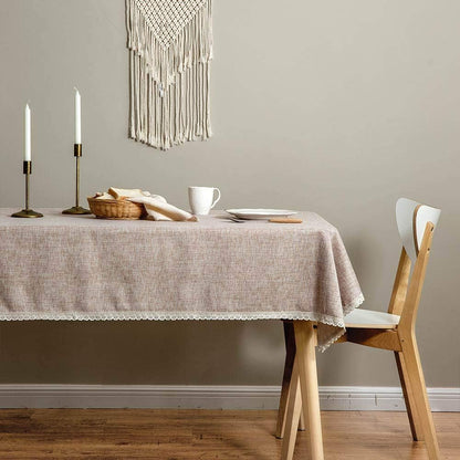 Linen Rustic Burlap Washable Tablecloth,Solid Heavy Weight Tan 55 X 70 Rectangle Overlay Lace Edge Table Cover for Kitchen Dinning Decoration3
