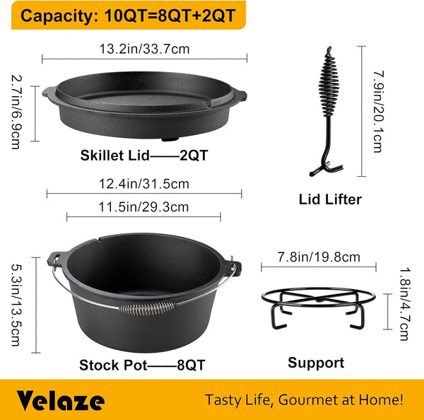 10 QT Pre-Seasoned Cast Iron Camping Dutch Oven Pot with Lid | Comes with Metal Handles, Lid Lifter,Stand Support,Use in Oven, on Stove,Grill,Or over Campfire,Capacity for 4-8 People2