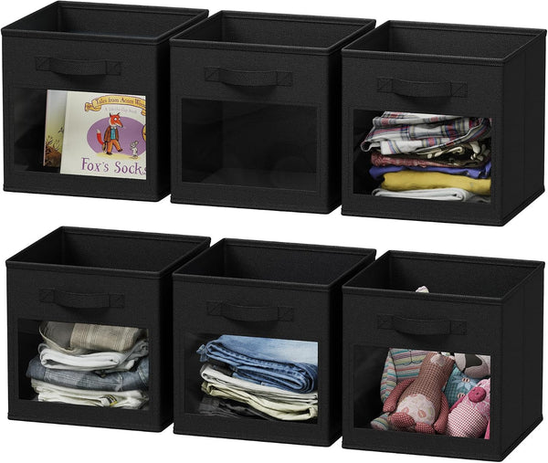 Storage Cubes with Clear Windows, Set of 6 Fabric Bins, 11 Inch Foldable Baskets Boxes for Closet, Cubby Shelf or Cube Storage Organizer, Black1