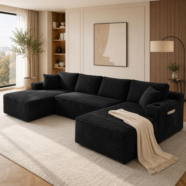 134 Inch Modular Sectional Sleeper Sofa, Boneless Cloud Couch for Living Room, U Shaped 5 Seat Sofa with 2 Storage Pockets& 2 Cup Holders, Free Combination, No Assembly Required (Black)1