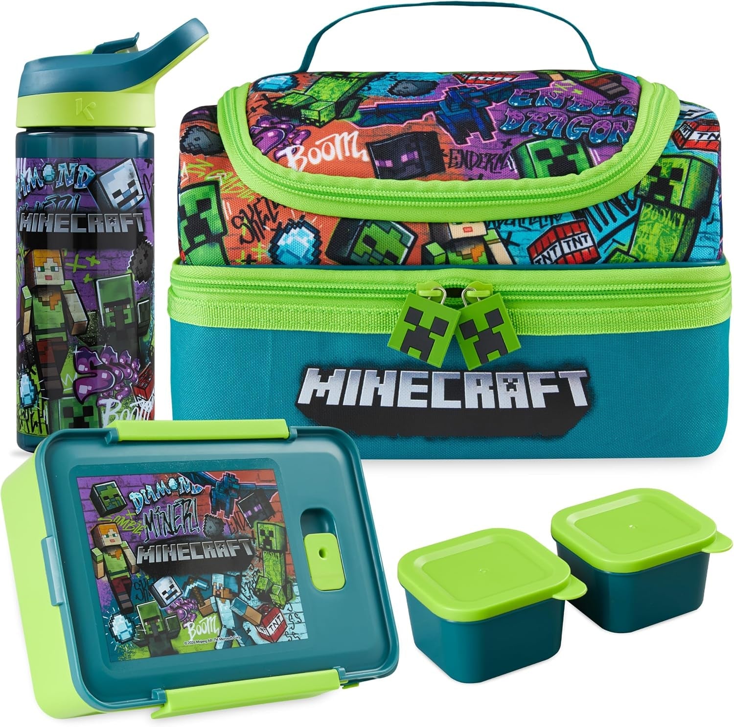 minecraft-kids-lunch-box-3-pc-set-with-insulated-lunch-bag-bento-box-with-two-mini-pots-20-fl-oz-water-bottle-with-straw-for-school-picnic-creeper-gamer-gifts-for-boys-multi-minecraft