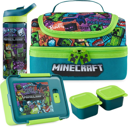 Minecraft Kids Lunch Box 3 Pc Set with Insulated Lunch Bag, Bento Box with Two Mini Pots & 20 Fl Oz Water Bottle with Straw for School, Picnic, Creeper Gamer Gifts for Boys (Multi Minecraft)1