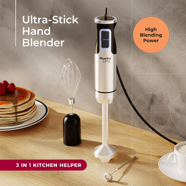 living Ultra-Stick Immersion Hand Blender, 500W Heavy Duty Motor, 8-Speed Turbo Setting, Includes Blending Shaft, Whisk, Milk Frother & Measuring Beaker | 500W Heavy Duty Motor | 8-Speed Turbo Setting | Includes Blending Shaft, Whisk, Milk Frother & Measuring Beaker2
