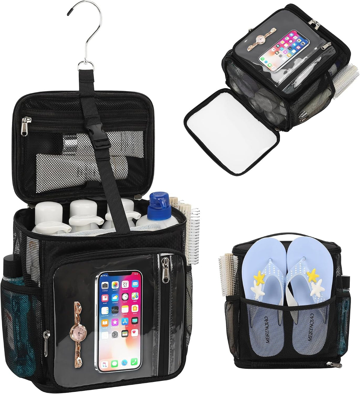 hanging-shower-caddy-portable-bag-quick-dry-shower-tote-for-dorm-college-essentials-water-resistant-travel-toiletry-bag-with-separate-compartment-multiple-pockets-black-m
