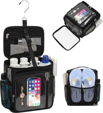 Hanging Shower Caddy Portable Bag - Quick Dry Shower Tote for Dorm College Essentials, Water-Resistant Travel Toiletry Bag with Separate Compartment & Multiple Pockets (Black, M)1