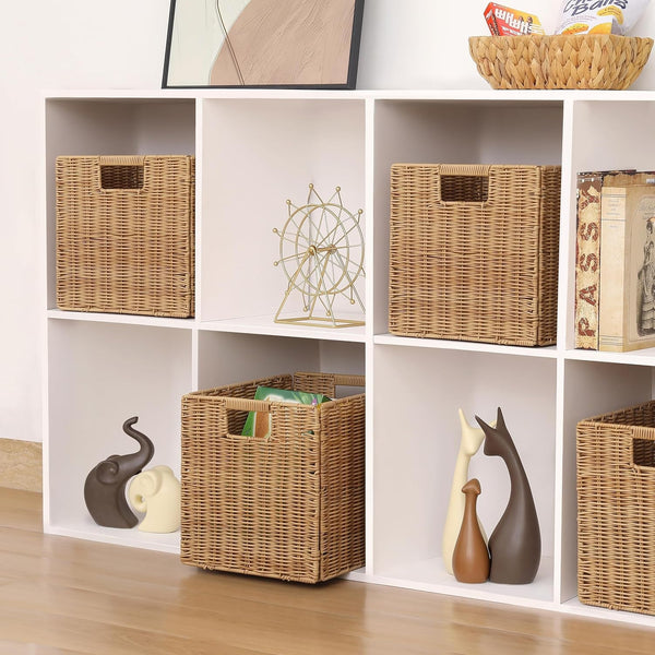 10.5 X 10.5 in Plastic Wicker Baskets for Cube Storage, Collapsible Square Wicker Storage Basket Set of 3, Rattan Storage Cube, Square Baskets for Shelves - Khaki7