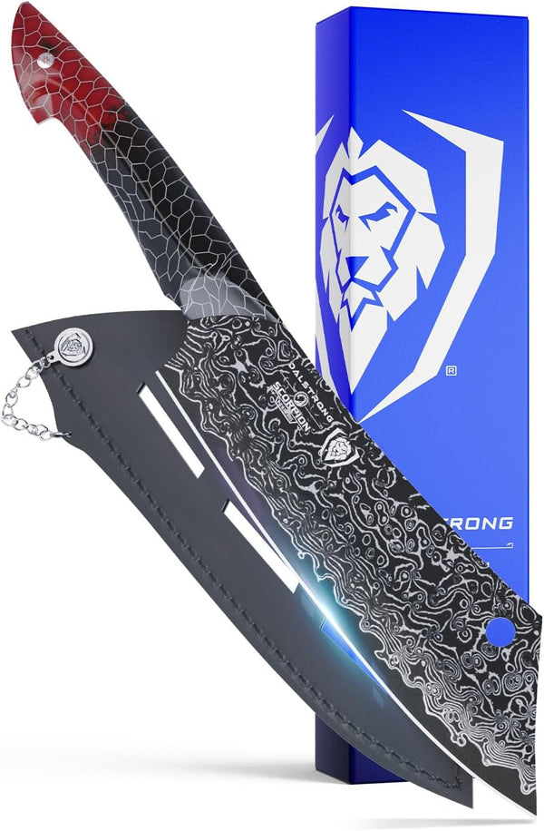 8" Crixus Chef & Cleaver Hybrid — V12 Ultra™ Japanese Steel — Hardest Build — for Bone-In Cuts & Chef Work — Black & Red Damascus, Honeycomb Handle, Scorpion, Customer Support1