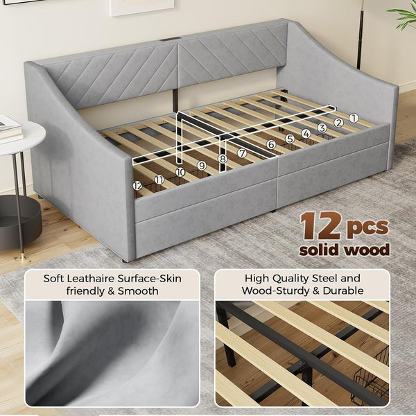 Twin Size Daybed with 2 Storage Drawers, Upholstered Daybed Frame with Charging Station, Heavy Duty Sofa Bed for Bedroom, Living Room, No Box Spring Needed,Easy Assembly5