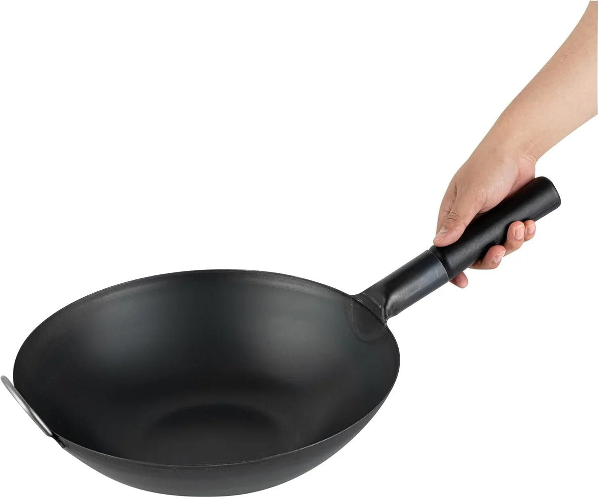 carbon-steel-wok-1-pack-of-13-3-inch-heavy-duty-uniform-heat-distribution-pan-induction-compatible-flat-bottom-wok-welded-handle-black-for-gas-stovetops-and-grills