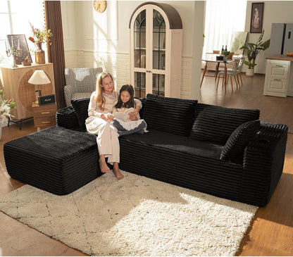 106" L Shaped Cloud Sectional Couch with Chaise, Corduroy Boneless Couch with Wide Armrests and Cup Holders for Living Room Bedroom, No Assembly Required (Black)2