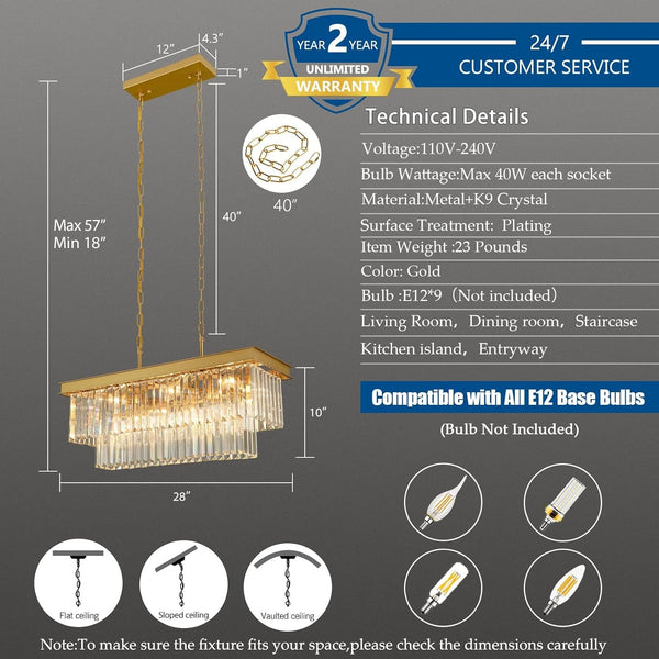 Gold Crystal Chandeliers for Dining Room，9-Lights L28 Inch5