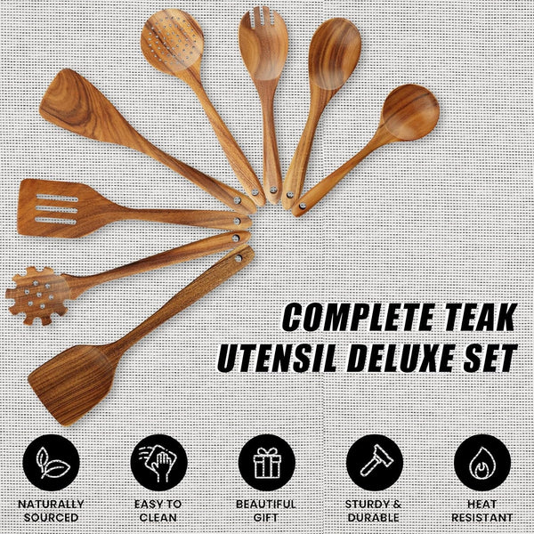 Wooden Spoons for Cooking, 10 Pcs Teak Wooden Cooking Utensil Set with Holder, Wooden Kitchen Utensils Set for Nonstick Pans & Cookware4