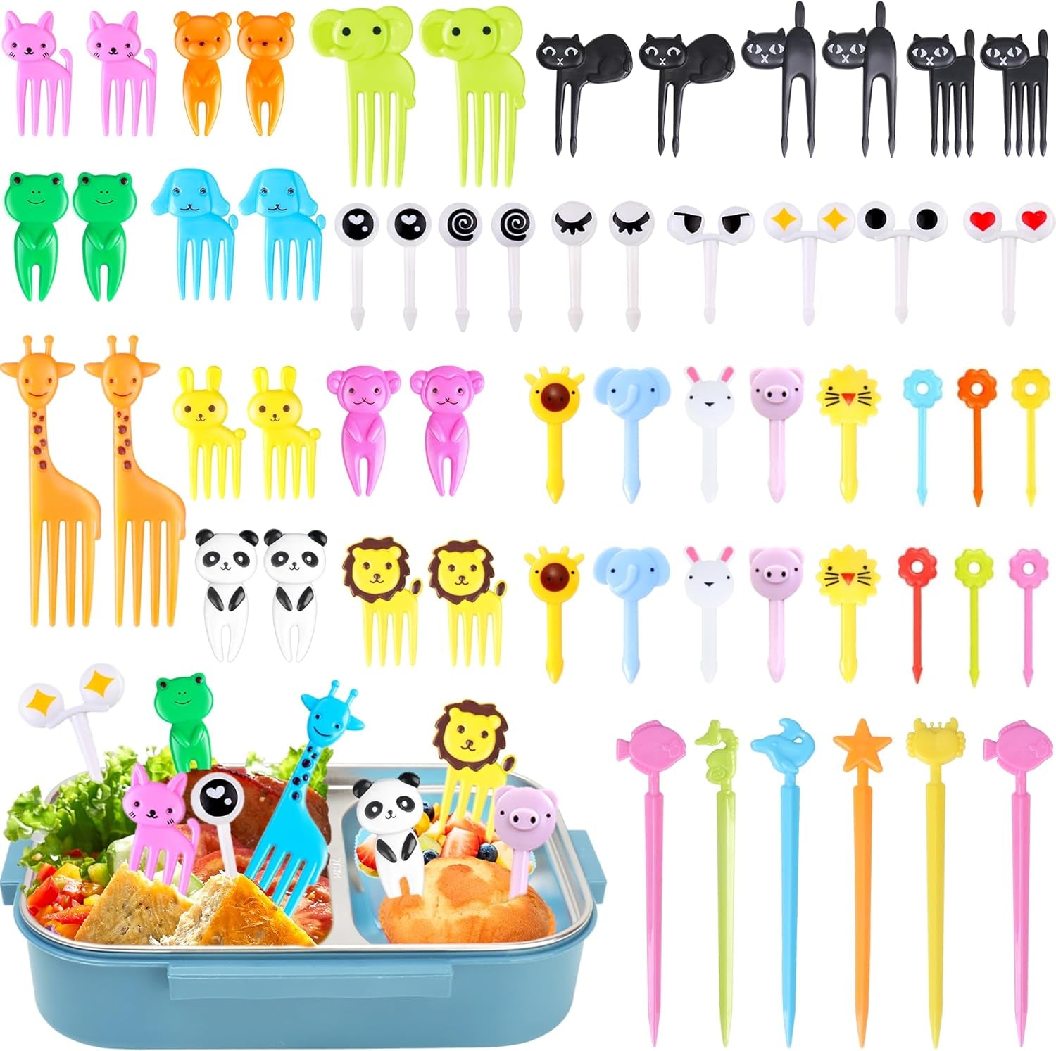 156pcs-animal-food-picks-for-kids-fun-bento-lunch-box-accessories-cute-cartoon-kids-food-picks-mini-fruit-forks-reusable-lunchbox-toothpicks-toddlers-boys-girls-bento-lunch-decorations