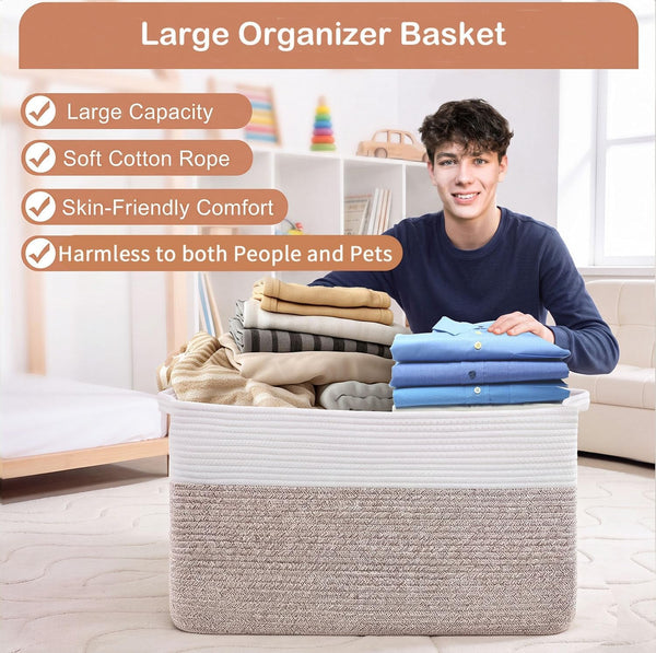 75L Large Blanket Storage Basket with Handles - White & Brown2
