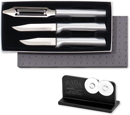 Cutlery Kitchen Basics Gift Set (S56) with Sharpener, Silver | 3-Piece Knife Set with Quick Edge Sharpener (R119), Stainless Steel Blades, Cast Aluminum Handle1