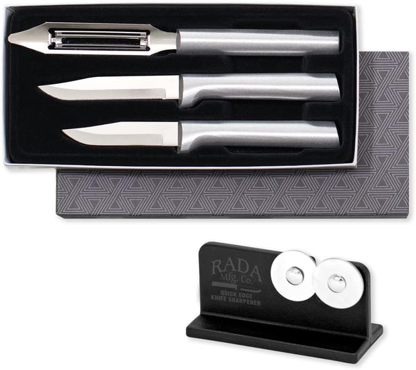 Cutlery Kitchen Basics Gift Set (S56) with Sharpener, Silver | 3-Piece Knife Set with Quick Edge Sharpener (R119), Stainless Steel Blades, Cast Aluminum Handle1