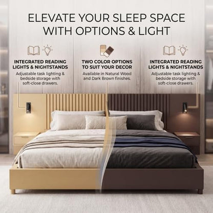 King Size Platform Bed with Built-In Nightstands and Reading Lights, Vertical Slatted Headboard, Heavy Duty Noise-Free Wood Bed Frame with Wood Slats Support,Walnut7