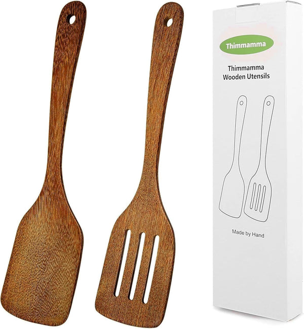 Wooden Spatula for Cooking 12 Inches Wood Spatula Slotted Turner Cooking Utensils for Nonstick Cookware, Kitchen Spatulas for Fish, Eggs, Pancakes, 2 Pack1