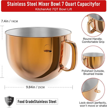 7QT Stainless Steel Mixer Bowl for Kitchenaid Stand Mixers, Kitchen Aid Mixing Bowl for 7QT Lift Mixer with Handle Copper2