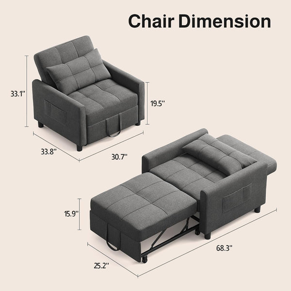 Convertible Sofa Chair Bed, 3-In-1 Linen Pull Out Chair, Dark Gray3