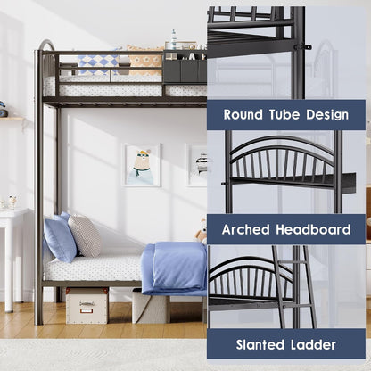 Metal Bunk Bed Twin over Twin with Storage Bag, 2 Twin Size Beds with Safety Guard Rails and Anti-Tip Nails for Teenager，Girls or Boys (Black)5