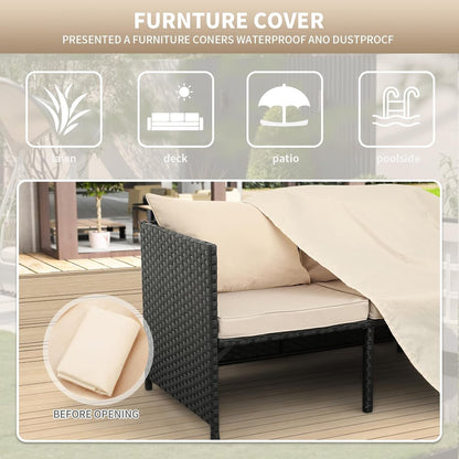 3-Piece Outdoor PE Rattan Furniture Set Patio Black Wicker Conversation Loveseat Sofa Sectional Couch Khaki Cushion7