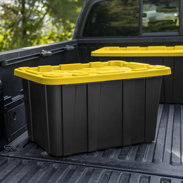 6-Pack 27-Gallon Industrial Totes - Rugged Black & Yellow Plastic Storage Bins with Secure Snap-On Lids, Stackable Design for Garage, Warehouse or Workshop Organization6