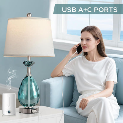 Coastal Glass Table Lamps Set of 2, 3-Way Dimmable Touch Control Nautical Lamp with USB A+C Ports,Bedside Lamp Beach Decor,Nightstand Lamp with White Shade for Living Room Bedroom(Led Bulbs Included)3