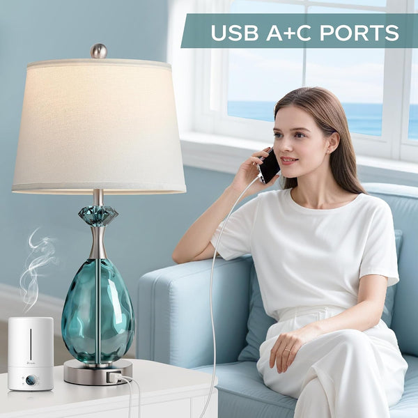 Coastal Glass Table Lamps Set of 2, 3-Way Dimmable Touch Control Nautical Lamp with USB A+C Ports,Bedside Lamp Beach Decor,Nightstand Lamp with White Shade for Living Room Bedroom(Led Bulbs Included)3