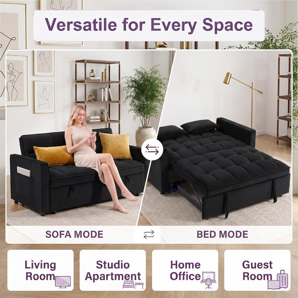 3 in 1 Convertible Sleeper Sofa Bed, 54'' Full Size Velvet Pull Out Futon Couch Recliner with Reclining Backrest & 2 Pillows, Small Loveseat Lounge Couches for Small Spaces (Black)5