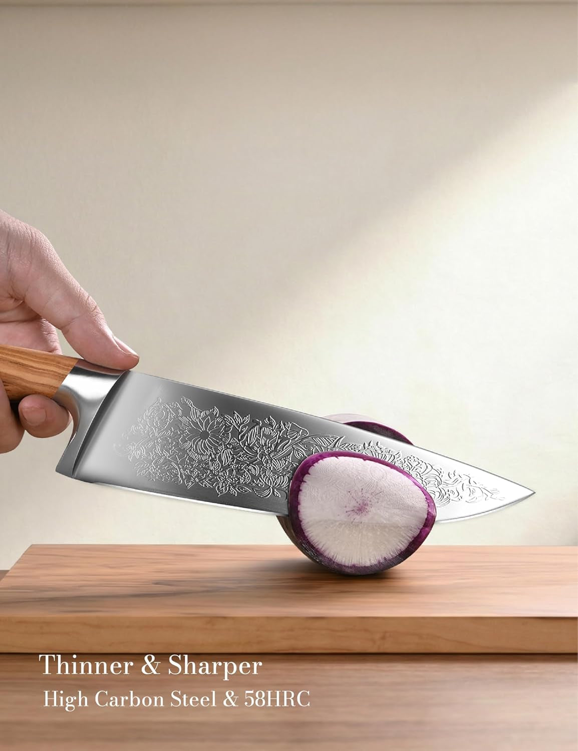 chef-kitchen-knife-8-embossed-botanical-blade-olive-wood-handle