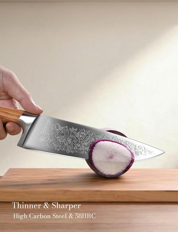 Chef Kitchen Knife 8", Embossed Botanical Blade, Olive Wood Handle6