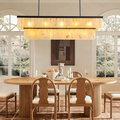 Rectangle Alabaster Chandelier, L54 Linear Chandeliers Dining Room over Table Pendant Light Modern Mrable Rectangular Chandelier for Kitchen Island Living Room 2-Tier Black(Include 16 Bulbs)5
