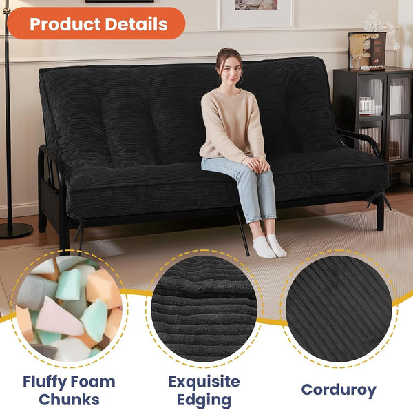 8" Futon Mattress Full Size, Futons Sofa Bed Sleeper Couch Bed, Roll up Mattress with Shredded Foam & 2 Straps for Storage, Futon Floor Mattress for Living Room, Corduroy (Frame Not Included)5