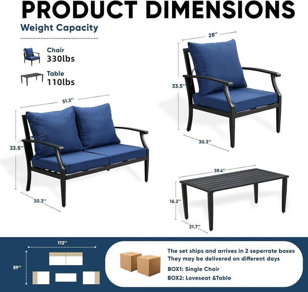 4 Piece Outdoor Patio Furniture Set, Oversized Metal Conversation Set with High Back & Deep Seating, Water-Repellent Cushions, Coffee Table for Porch, Deck, Backyard, Navy2