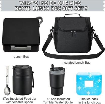 Bento Lunch Box for Kids with 17Oz Soup Thermo,Insulated Tumbler Water Bottle and Insulated Lunch Bag,Leak-Proof 3 Compartment Lunch Food Container with Ice Pack for Kids to School-Black2