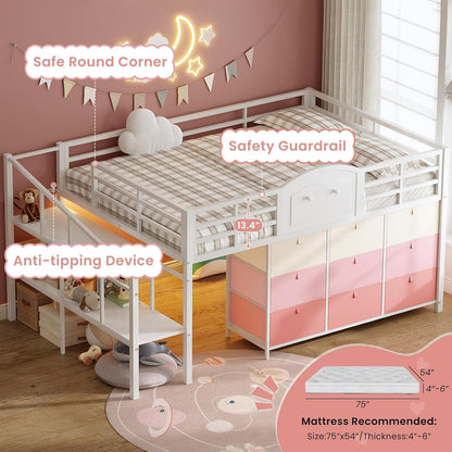Low Loft Bed Full Size with 9 Storage Drawers and LED Lights, Metal Full Size Loft Bed with Stairway Shelf Storage, Low Loft Bed with Safety Guardrail and Under-Bed Hideaway for Kids, White6