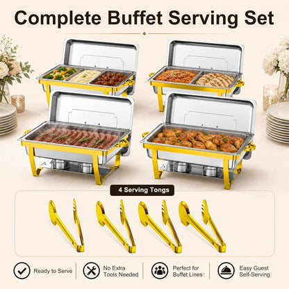 4Pack Rectangular Chafing Dishes for Buffet,Total 36QT Set with 7 Food Pans | Versatile 7 Pan Setup ,450°F Oven-Safe Pans,Hot Cold Food Service,Bonus Tongs,Easy Assembly Storage,Elegant Gold Finish4