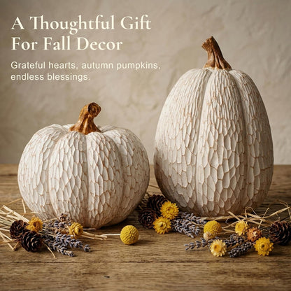 Fall Pumpkin Decor, Set of 2 Resin Pumpkins, Thanksgiving Decor | Elegant Textured White Pumpkins, Fall Decor Accent for Thanksgiving Table Centerpiece, Mantel, Shelf and Autumn Home Decor.6
